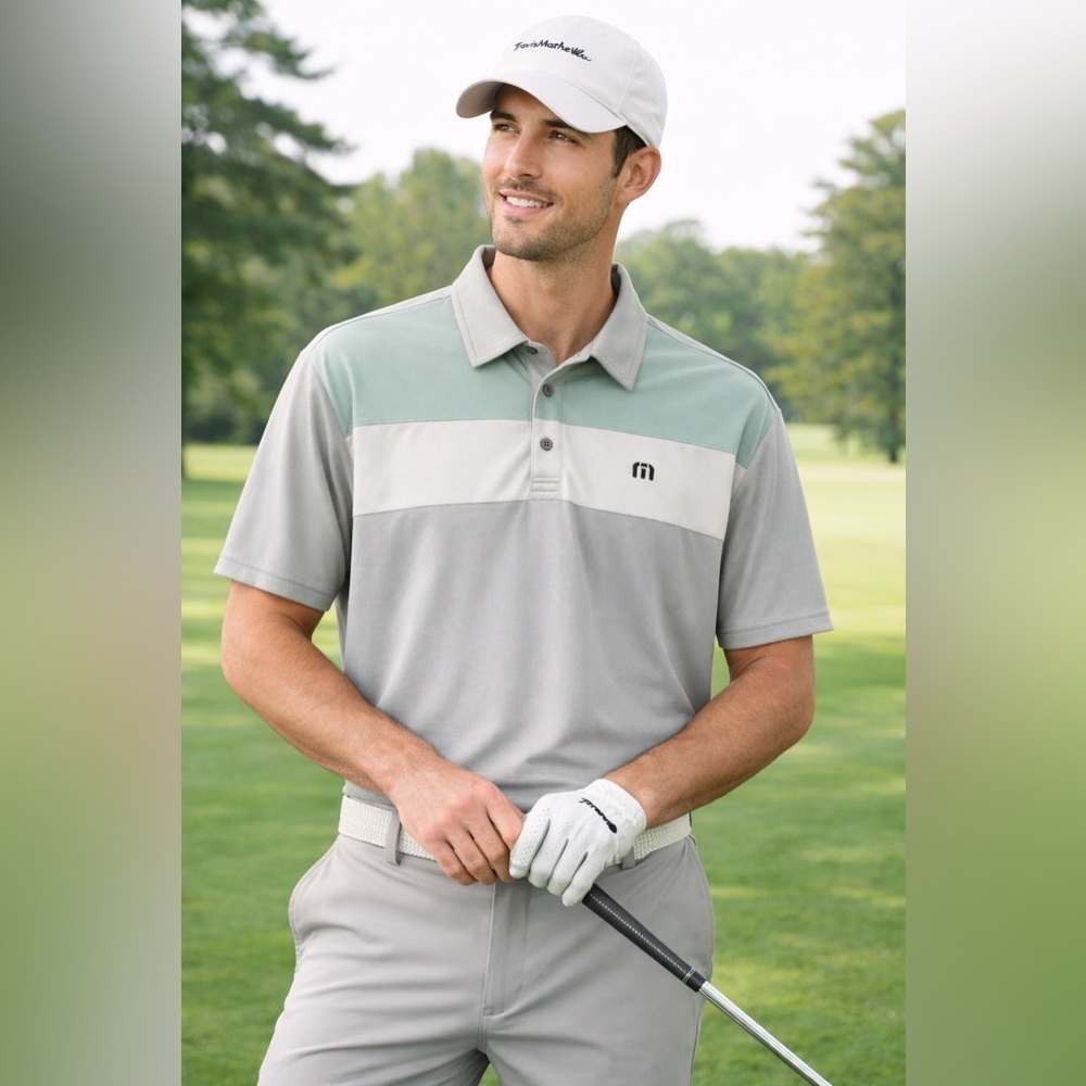 TravisMathew Golf Polo Colorblock Gray and Mint Performance XL
